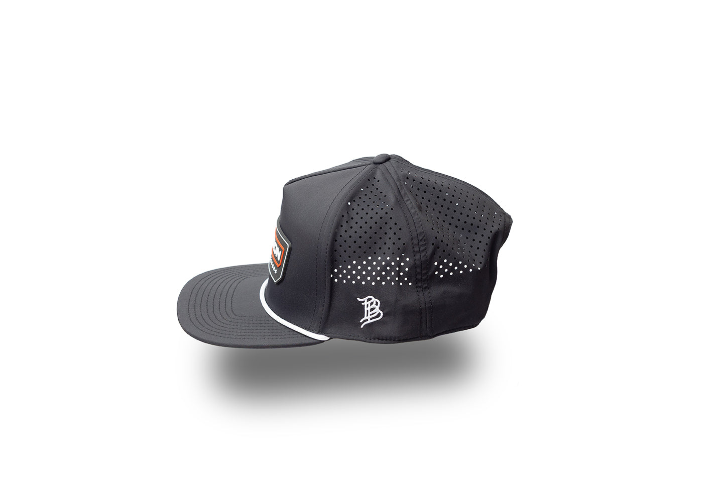 Black cap with white accents on a white background