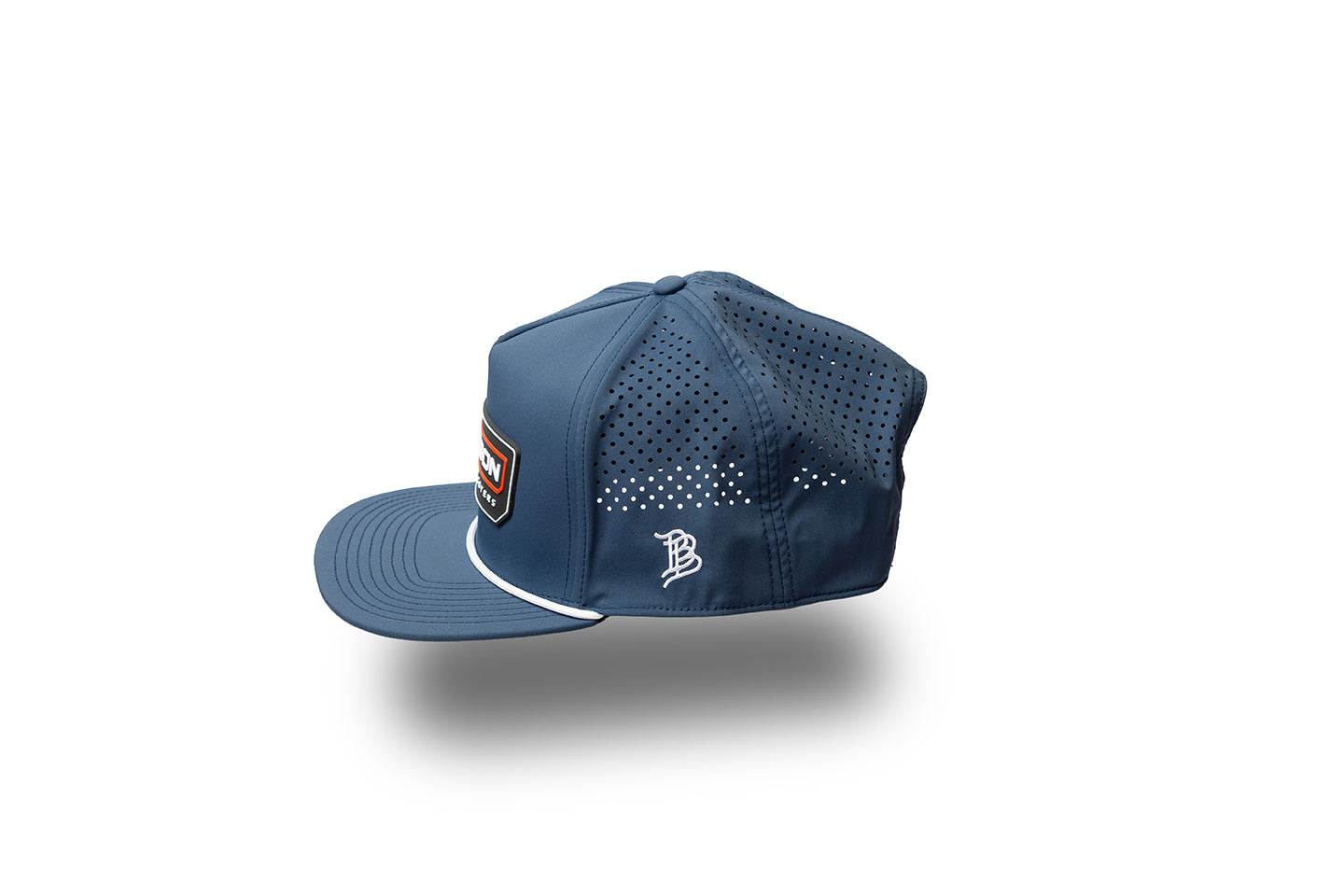 Blue baseball cap with a logo on a white background