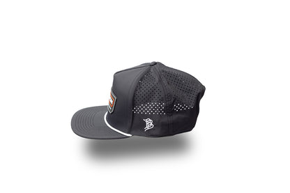 Black cap with white accents on a white background