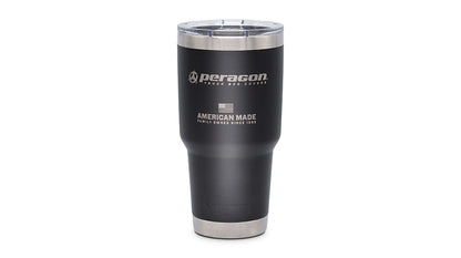 Black tumbler with Peragon logo on a white background
